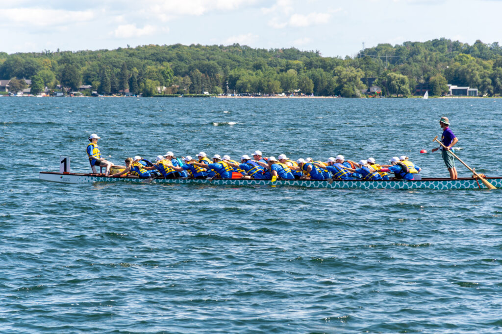 A dragon boat team paddling