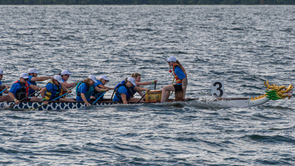 A dragon boat team paddling