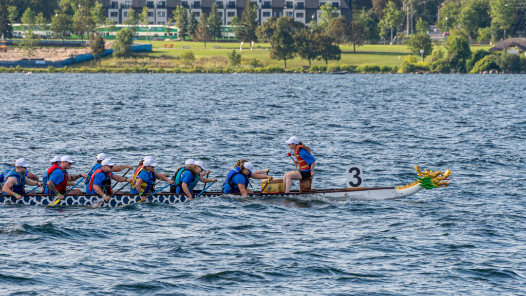 A dragon boat team paddling