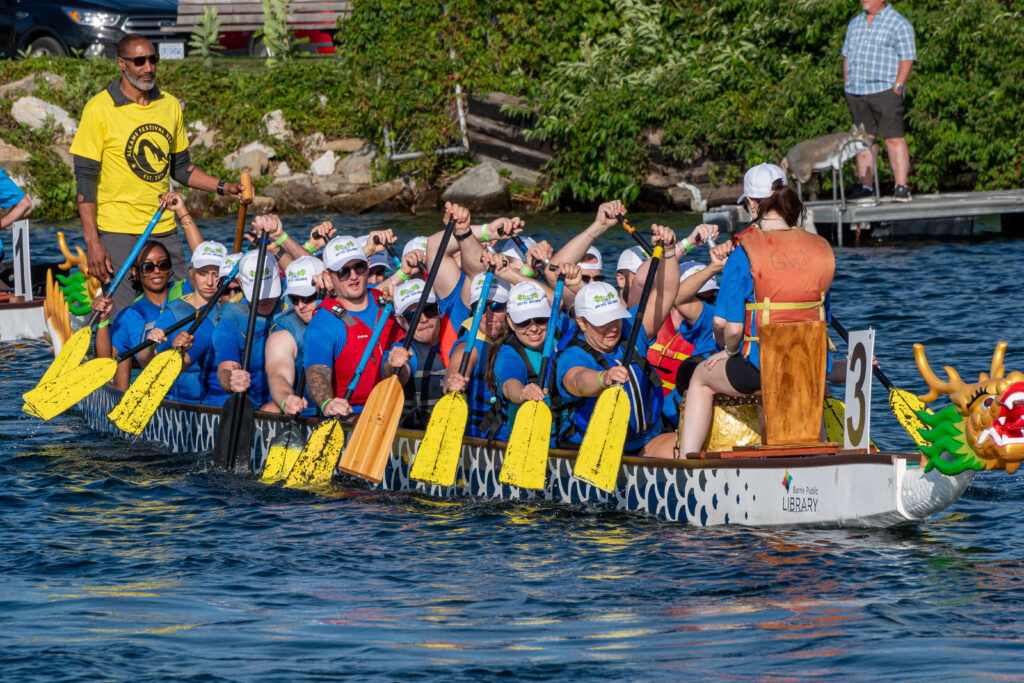 A dragon boat team paddling