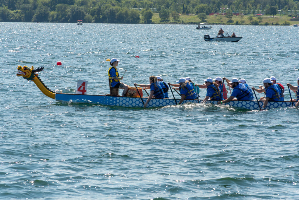 A dragon boat team paddling