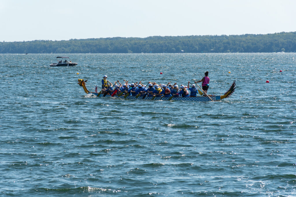 A dragon boat team paddling