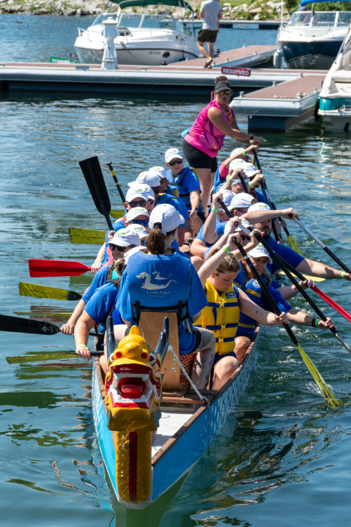 A dragon boat team paddling